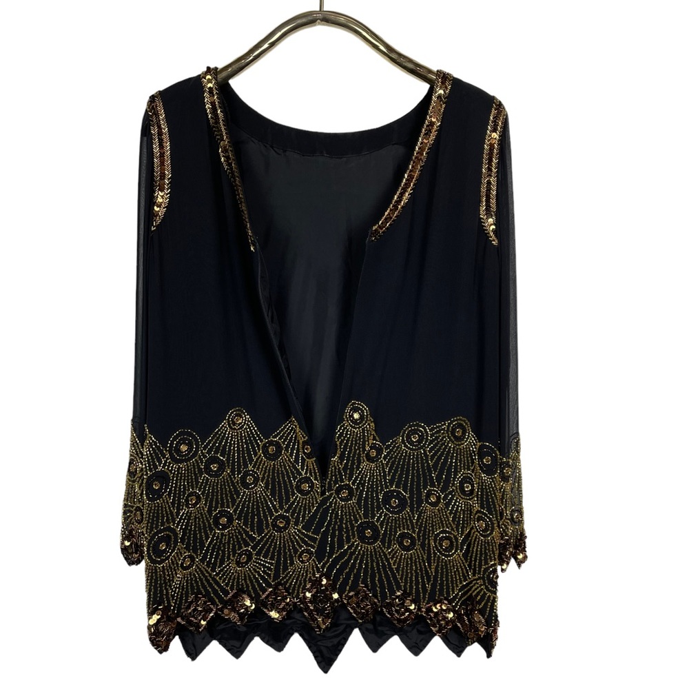 BLACK TIE BY OLEG CASSINI SILK BEADED DECO EMBELLISHED SHEER PANEL TUNIC BLOUSE - Picture 6 of 12